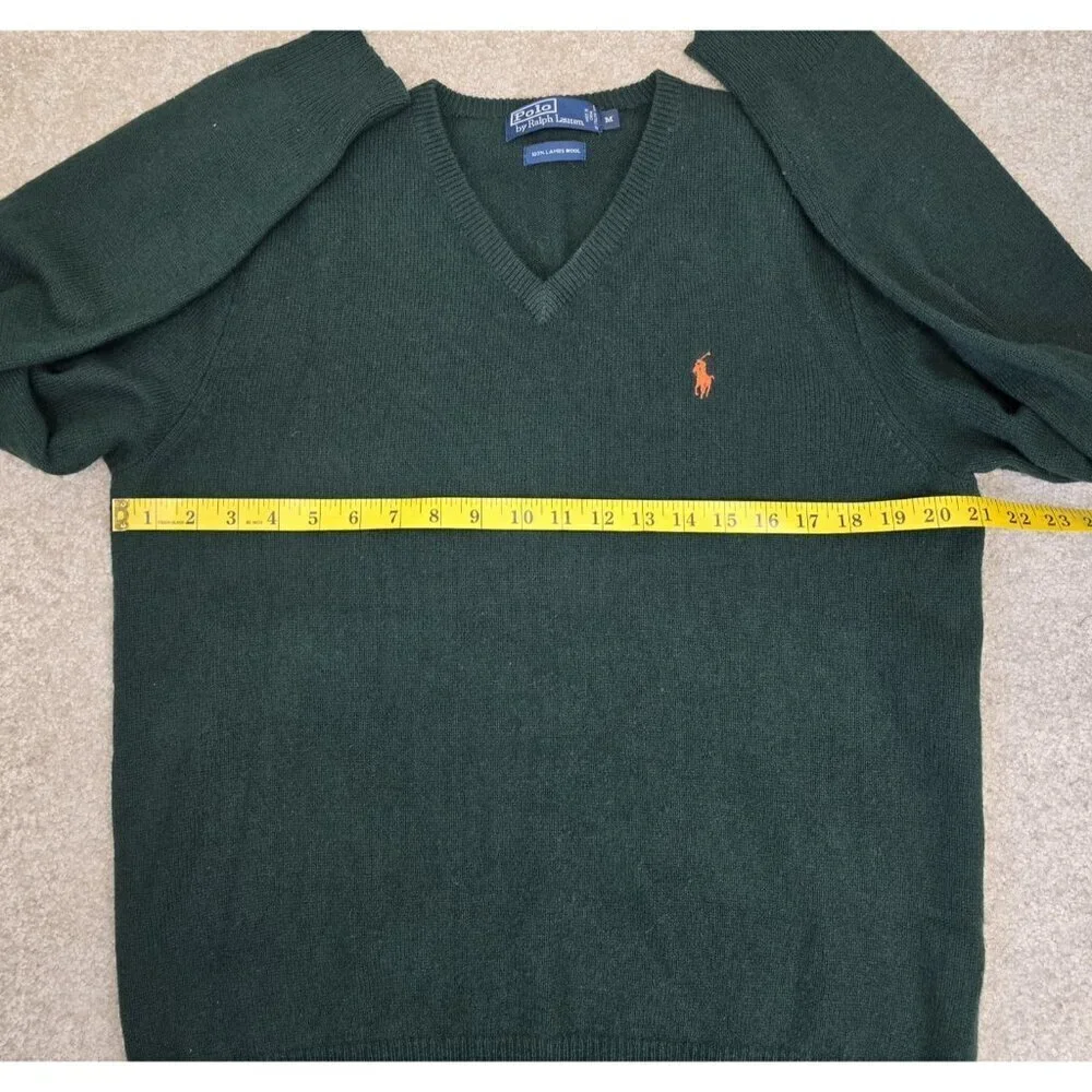 Polo Ralph Lauren 100% Lambswool VNeck Sweater Mens Size Medium Green Orage Pony